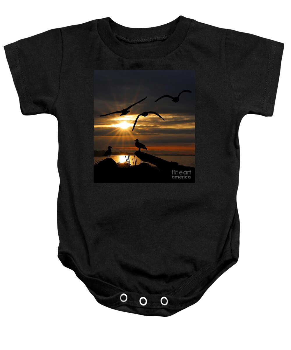 Seagulls Baby Onesie featuring the mixed media Silhouetted Seagulls by Kimberly Furey