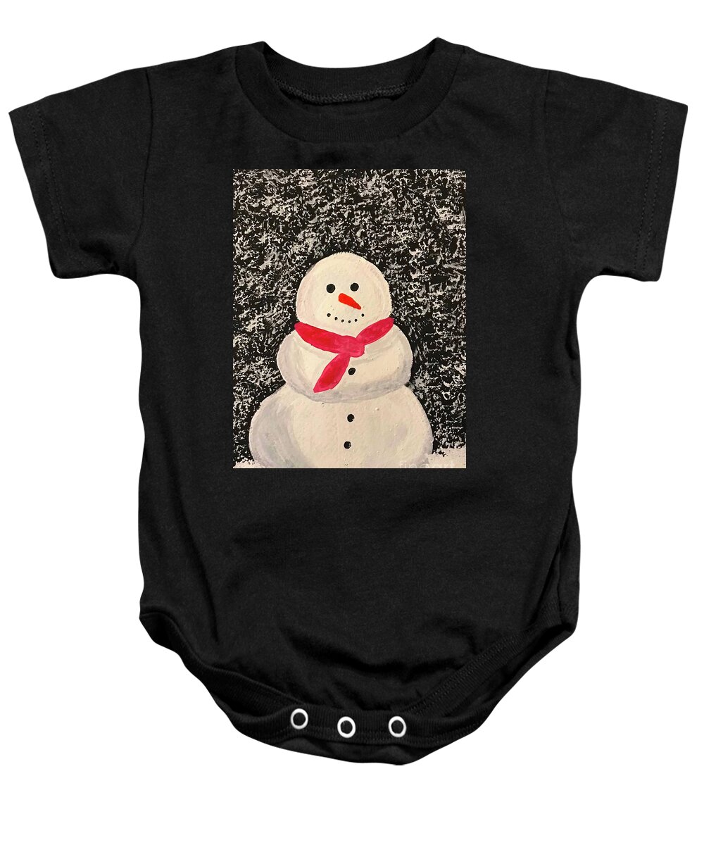 Snowman Baby Onesie featuring the mixed media Snowman with Red Scarf by Lisa Neuman