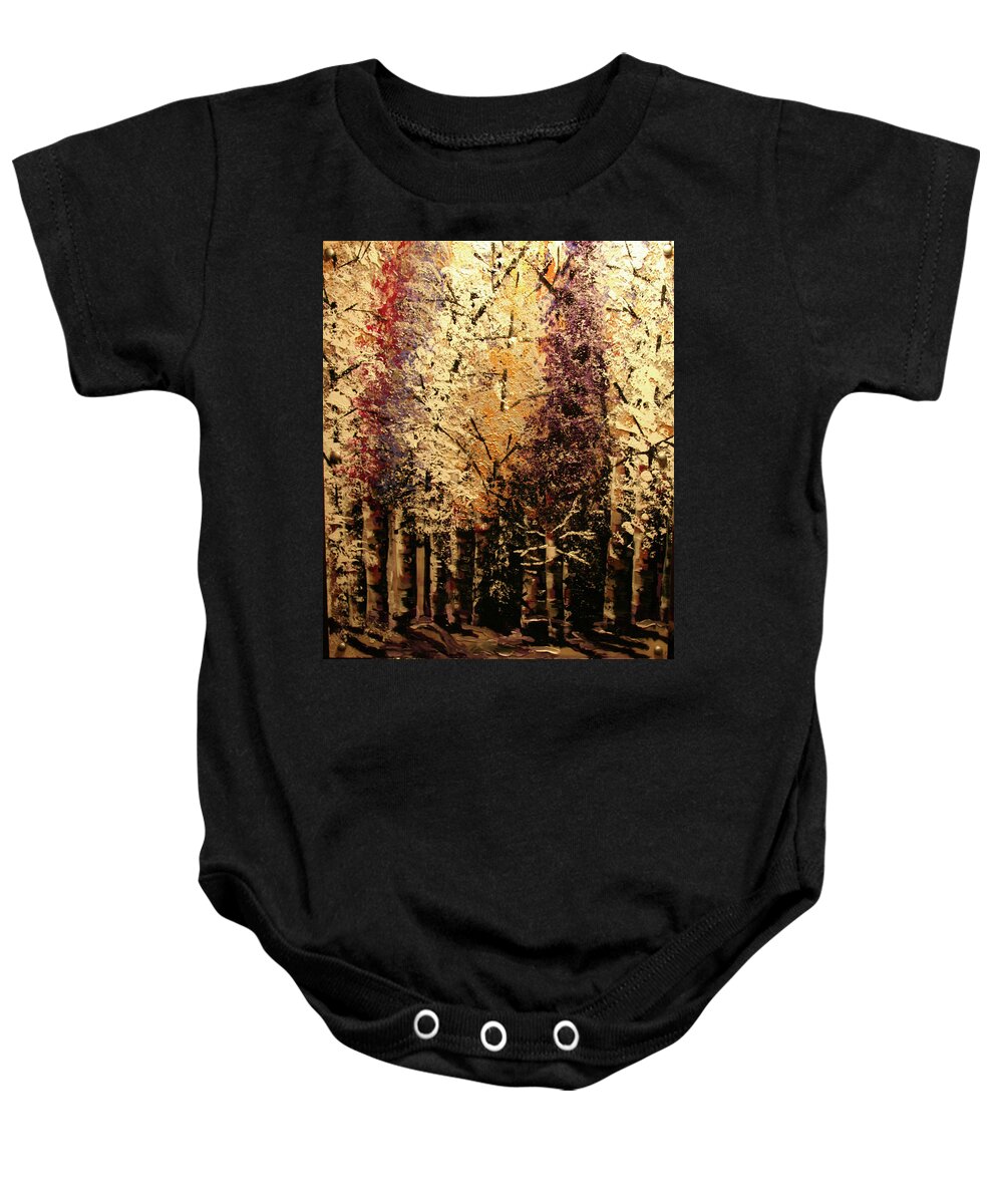 Snow Baby Onesie featuring the painting Snowy Aspen Woods by Marilyn Quigley