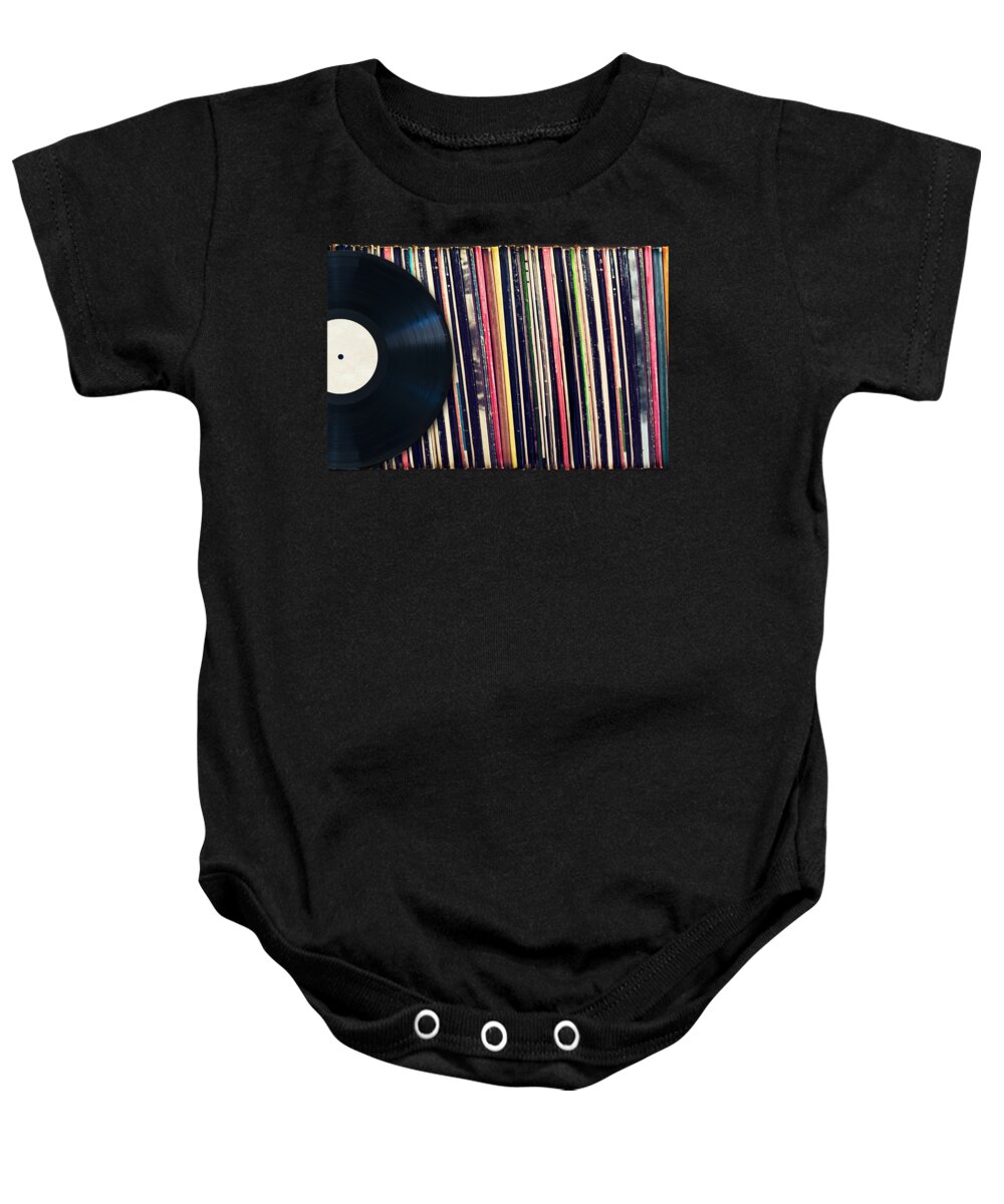 Music Baby Onesie featuring the photograph Sound of vinyl by Delphimages Photo Creations