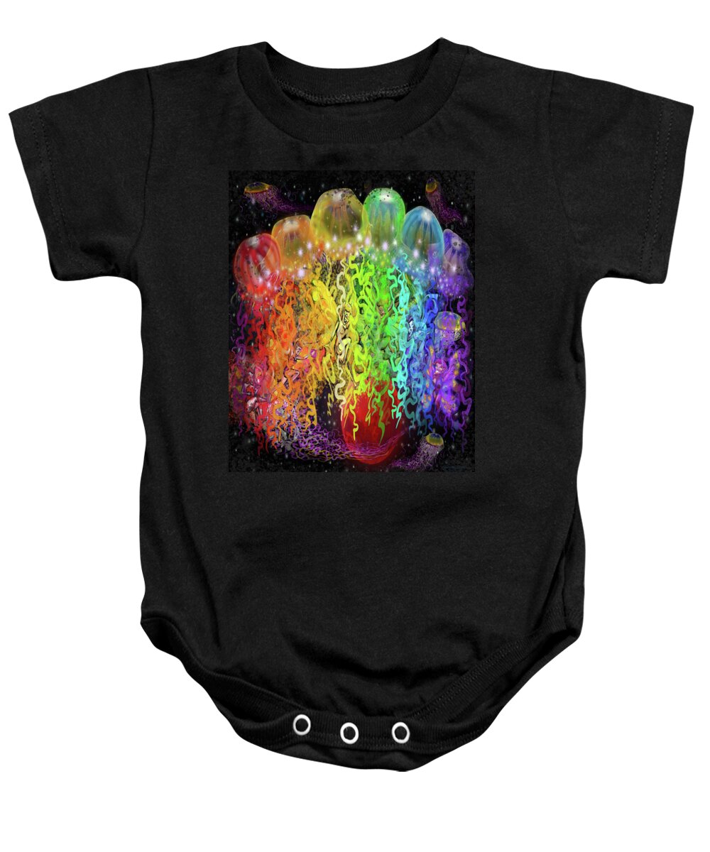 Space Baby Onesie featuring the digital art Space Pixies n Jellyfish by Kevin Middleton