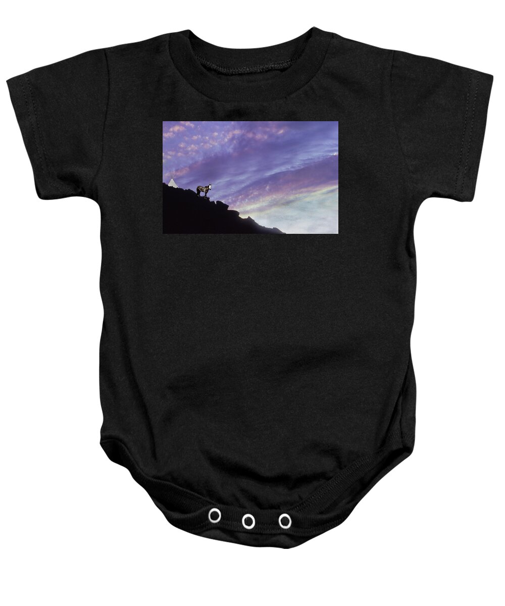 Cloud Baby Onesie featuring the photograph Spirit Pony in a Setting Sun by Wayne King