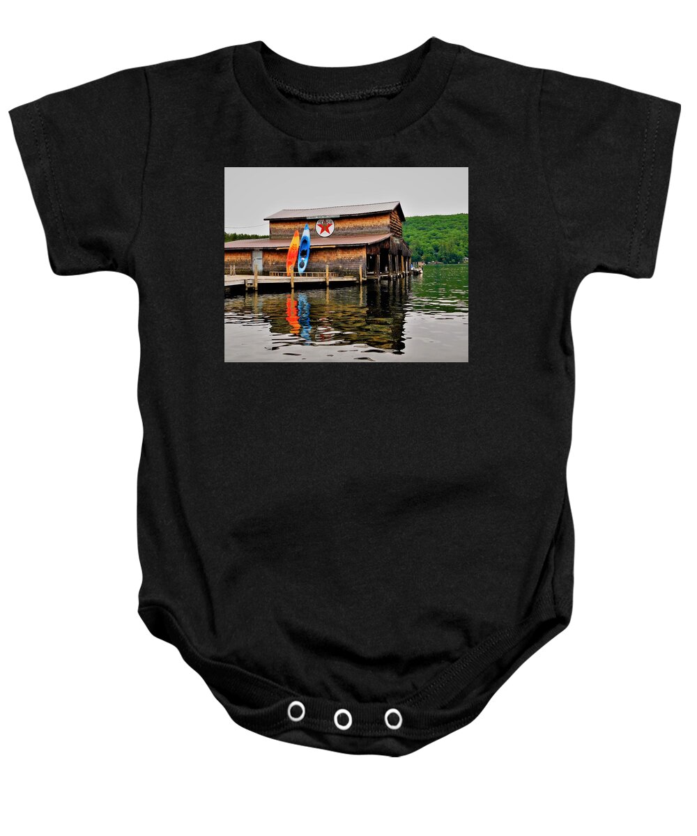 - Squam Lake Boat House - Holderness Nh Baby Onesie featuring the photograph -On Golden Pond - Squam Lake Boat House - Holderness NH by THERESA Nye