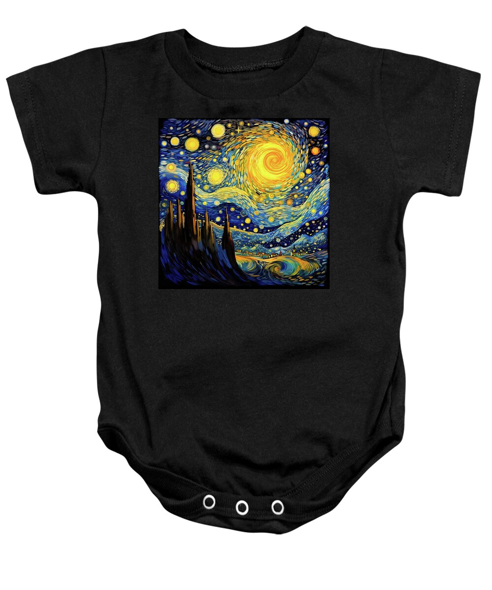 Starry Night Baby Onesie featuring the digital art Starry Night Blue and Gold 02 by Matthias Hauser