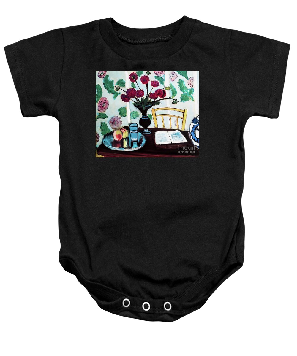 French Baby Onesie featuring the painting Still Life Bouquet of Dahlias and White Book by Henri Matisse 19 by Henri Matisse