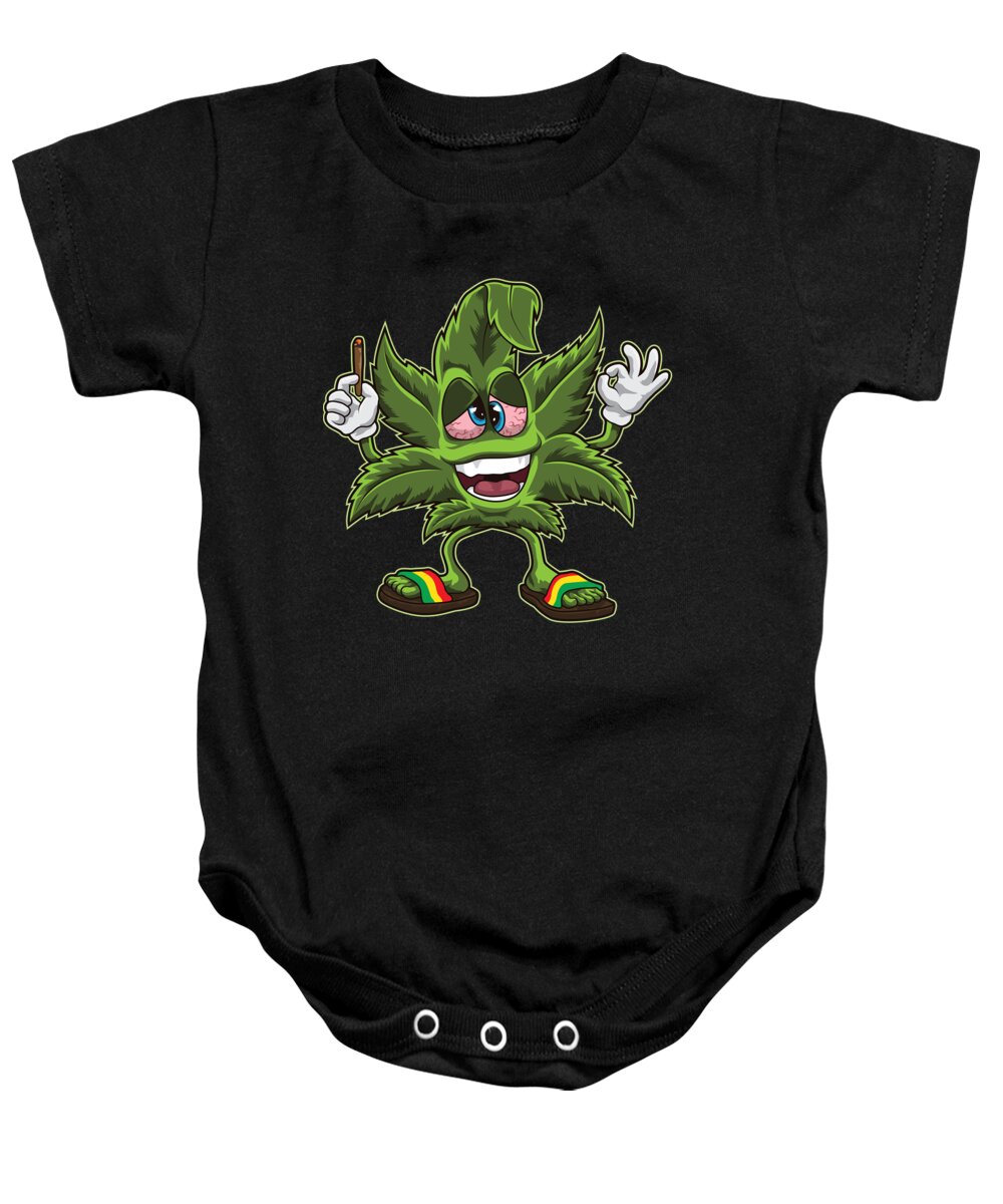 Cannabis Baby Onesie featuring the digital art Stoned Cannabis Leaf Weed Smoking Cartoon by Mister Tee