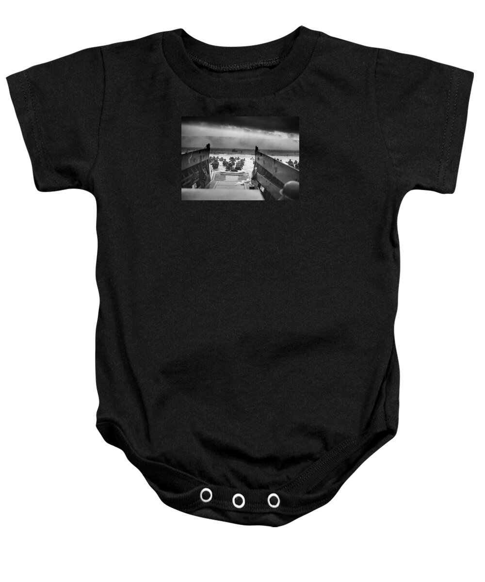 D Day Baby Onesie featuring the painting Storming The Beach On D-Day by War Is Hell Store
