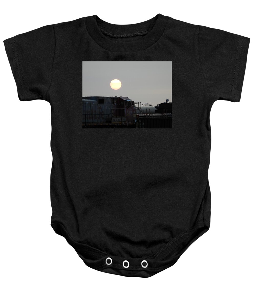 Sun Baby Onesie featuring the photograph Sun Rise over the Train by Amanda R Wright