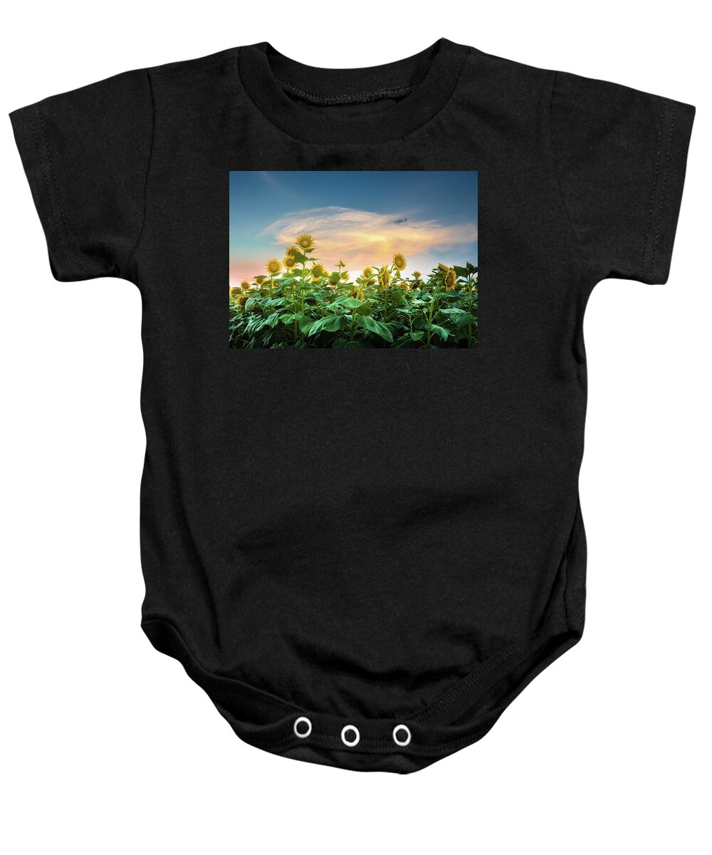 Sunflower Baby Onesie featuring the photograph Sunflower Sunset Autaugaville Alabama by Jordan Hill