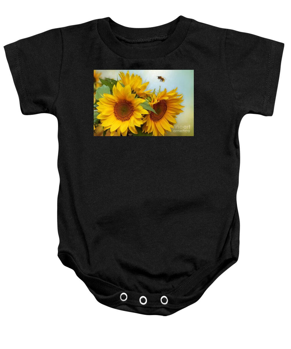 Sunflowers Baby Onesie featuring the digital art Sunflowers and Bumble Bee by Morag Bates