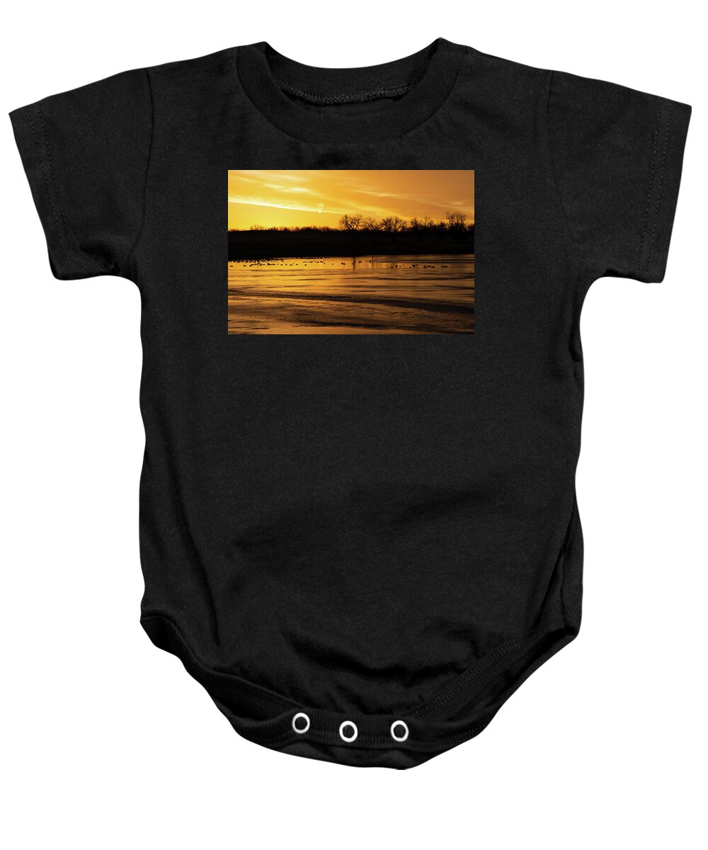 Sunrise Baby Onesie featuring the photograph Sunrise over a Winter Lake by Cascade Colors