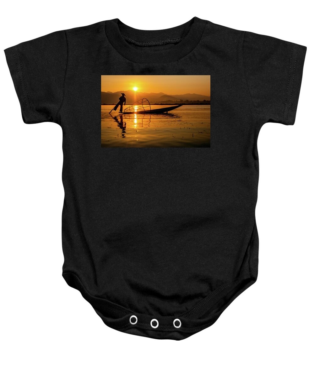 Inlelake Baby Onesie featuring the photograph Sunset at Inle Lake by Arj Munoz