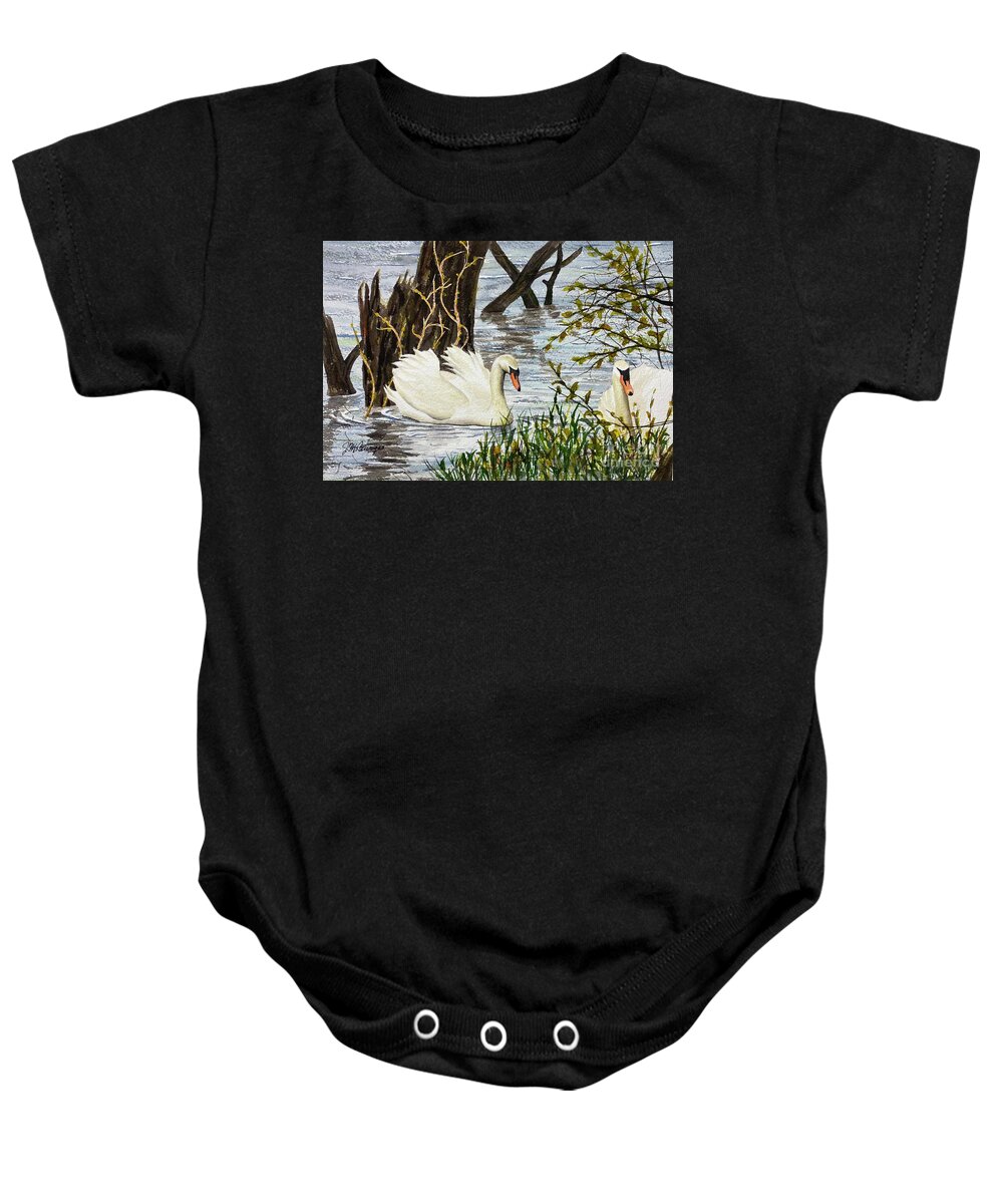 Swan Baby Onesie featuring the painting Swans by Joseph Burger