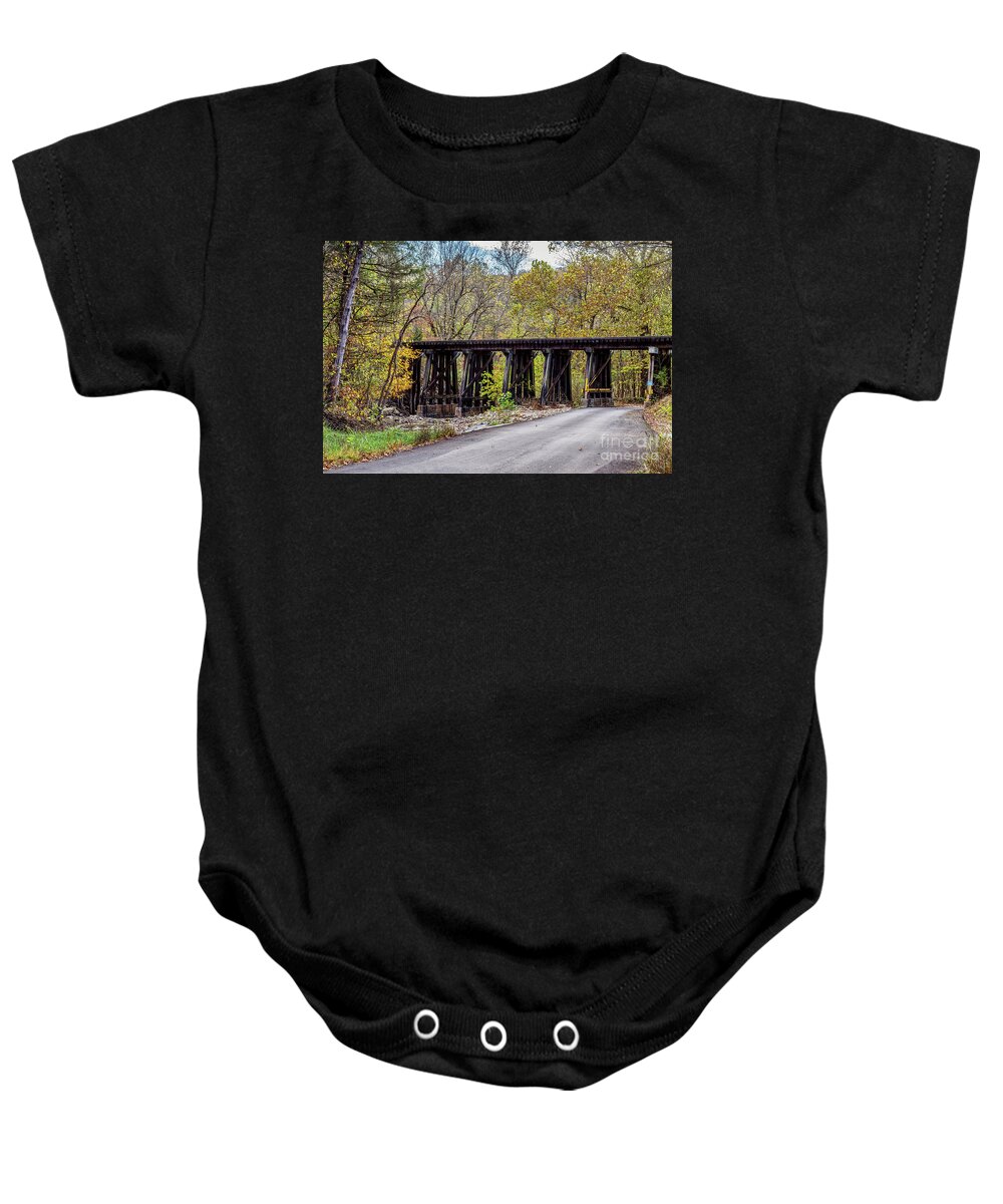 Branson Mo Baby Onesie featuring the photograph Sycamore Church Road Railroad Bridge by Jennifer White