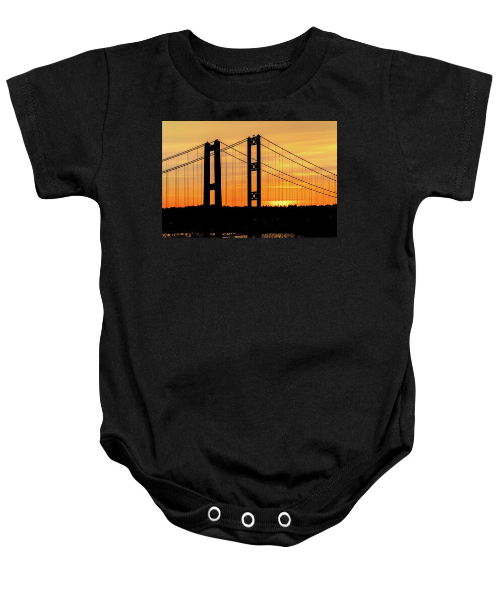 Tacoma Baby Onesie featuring the photograph Tacoma Narrows Bridges Fiery Sunset by Rob Green