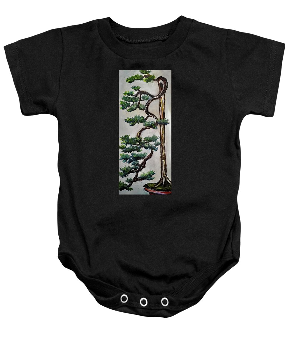 Bonsai Baby Onesie featuring the painting Tall Cascading Bonsai Tree by Roxy Rich