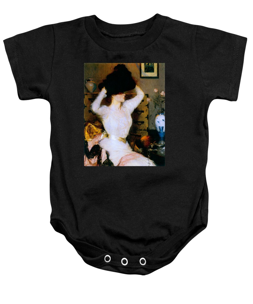 Benson Baby Onesie featuring the painting The Black Hat 1904 by Frank Benson