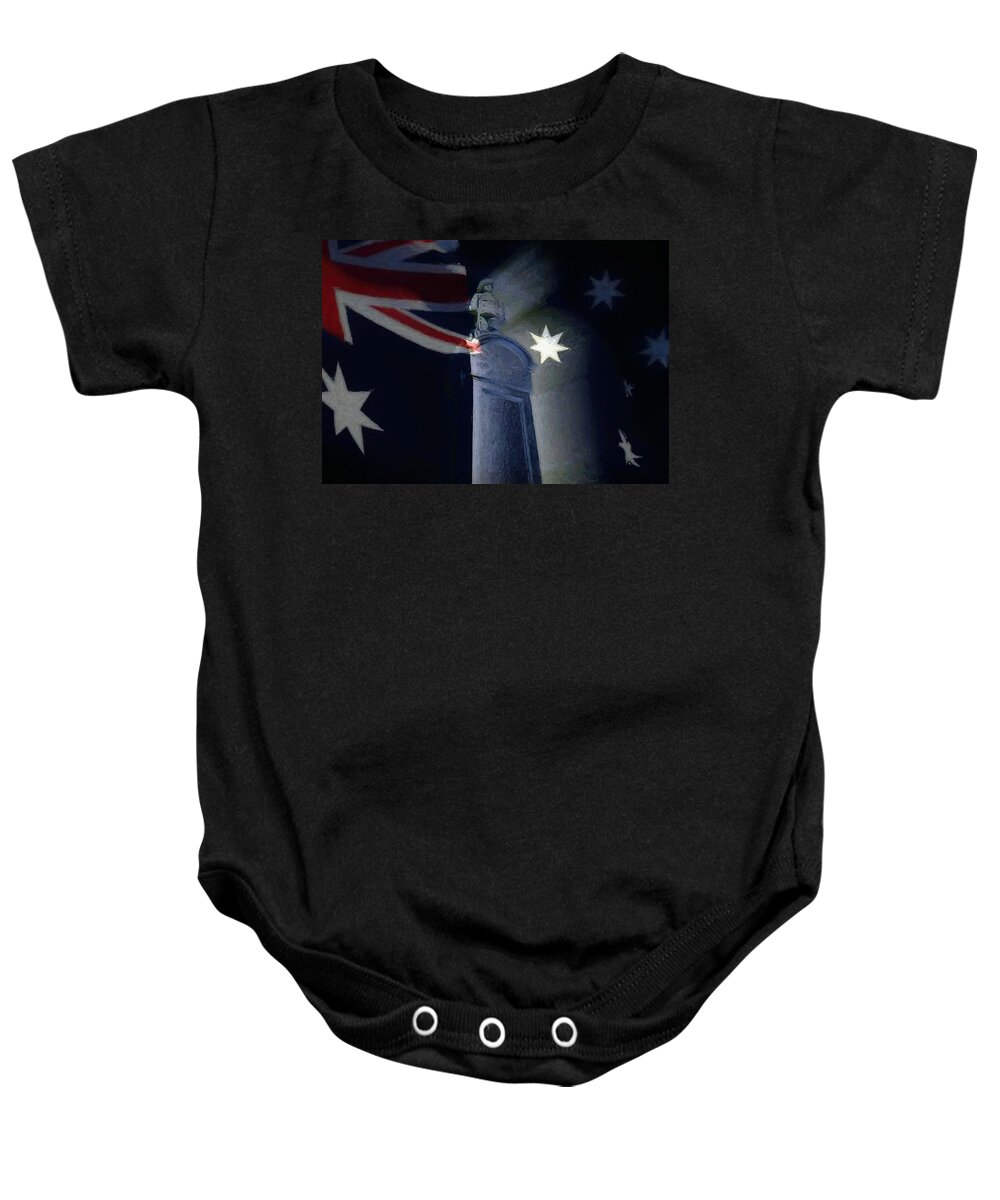 War Memorial Baby Onesie featuring the mixed media The Clock Stopped 0425 Landings In Gallipoli by Joan Stratton