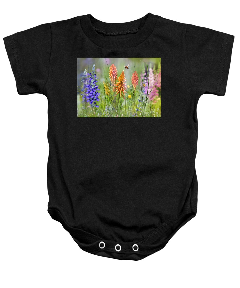 Bee Baby Onesie featuring the mixed media The Flight of the Bumblebee by Morag Bates