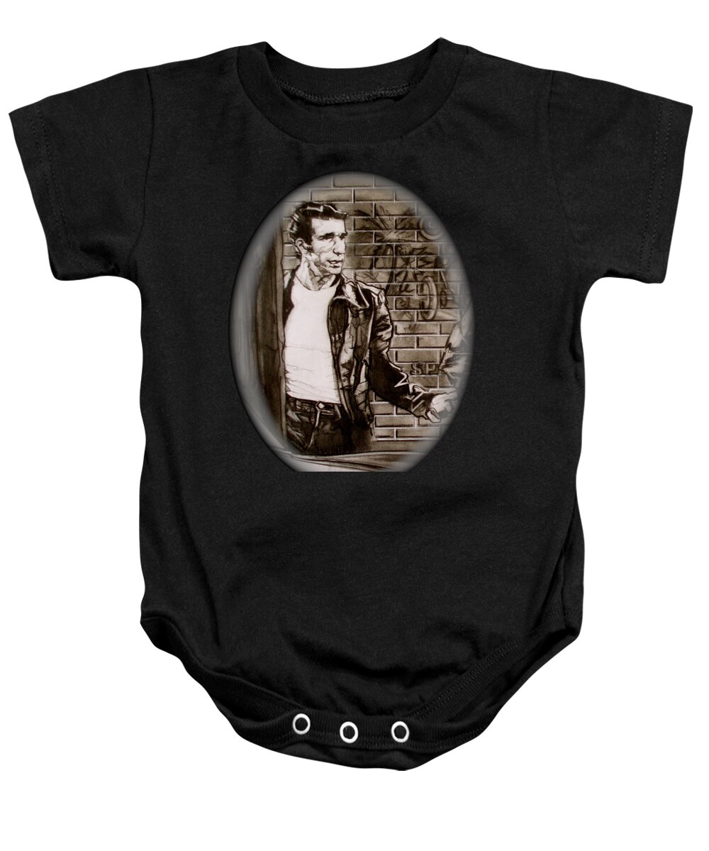 Charcoal Pencil On Paper Baby Onesie featuring the drawing The Fonz - detail by Sean Connolly