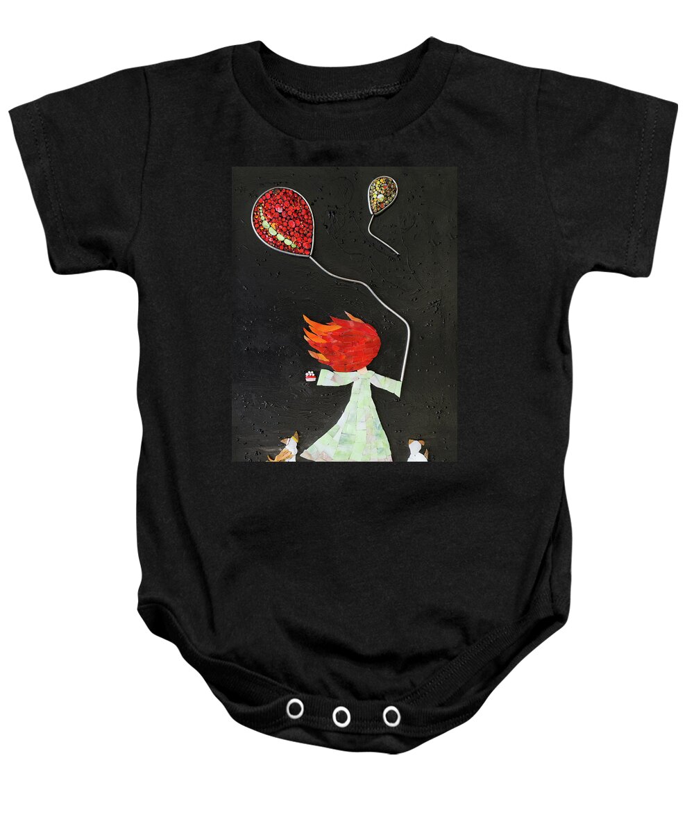 Girl Baby Onesie featuring the glass art The girl with two balloons and two small dogs by Adriana Zoon