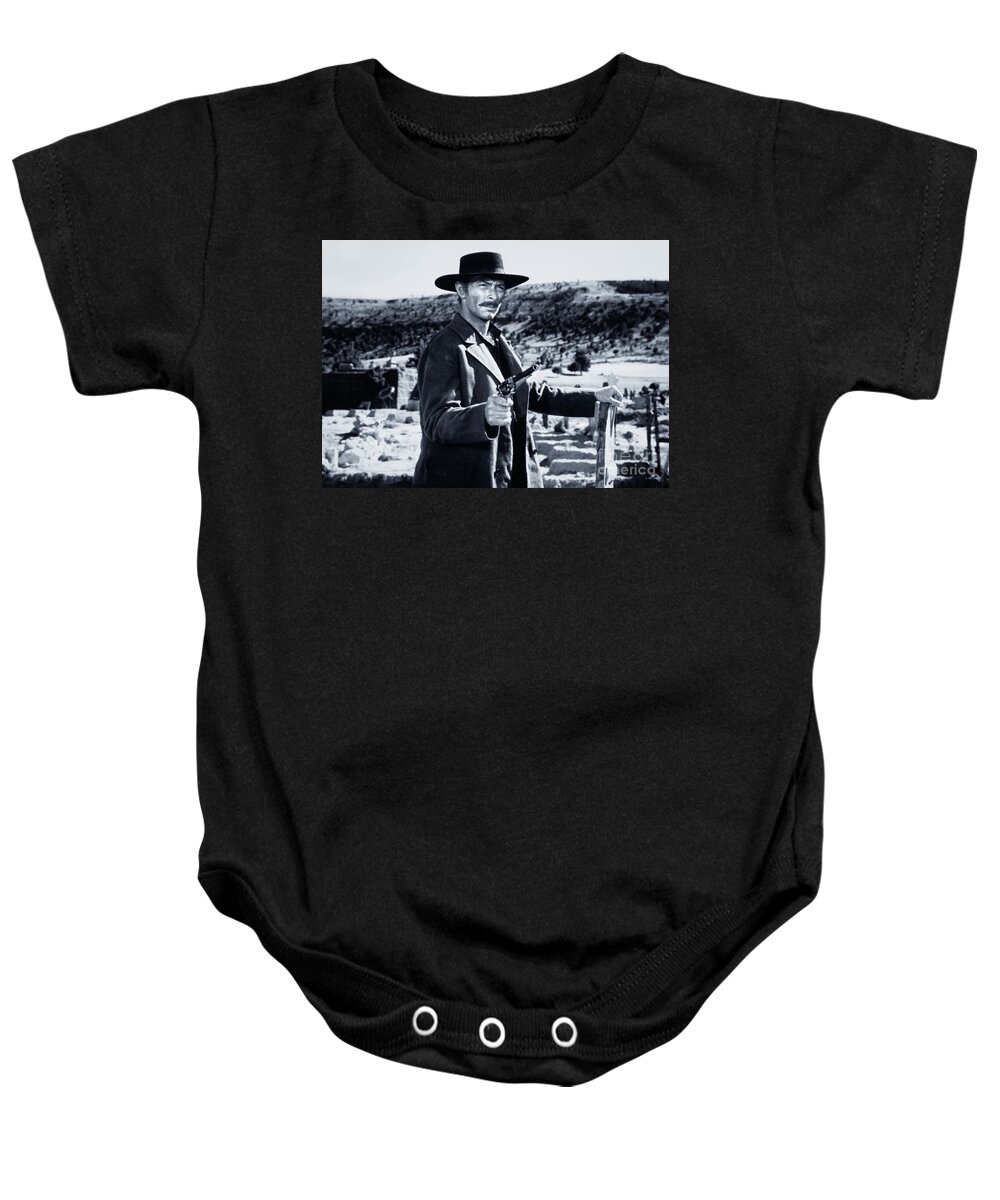 The Good The Bad And The Ugly Baby Onesie featuring the mixed media Angel Eyes - The Good, The Bad and The Ugly - Silver Print by KulturArts Studio