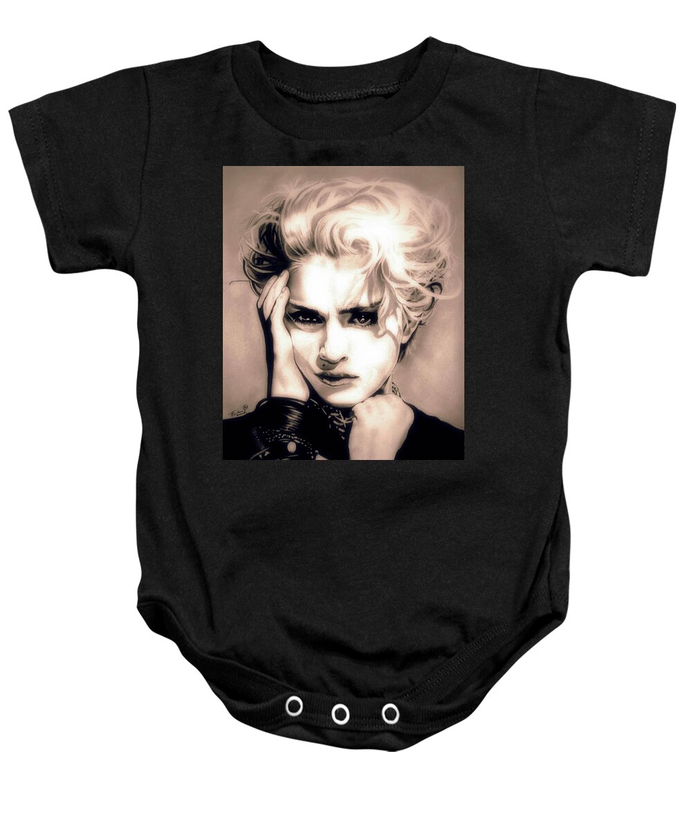 Madonna Baby Onesie featuring the drawing The Material Girl - Madonna - Sepia Edition by Fred Larucci
