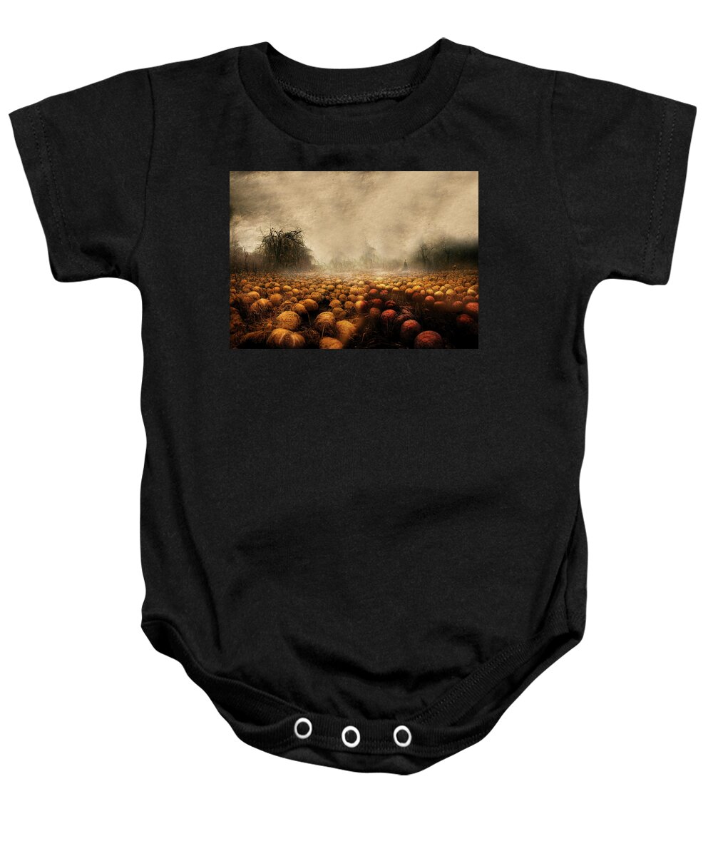 Halloween Baby Onesie featuring the mixed media The Mysterious Field of Pumpkins by Colleen Taylor