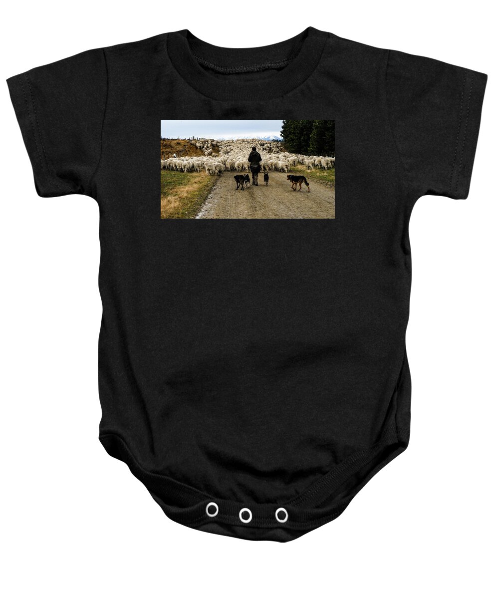 New Zealand Baby Onesie featuring the photograph While Shepherds Watched - High Country Muster, South Island, New Zealand by Earth And Spirit
