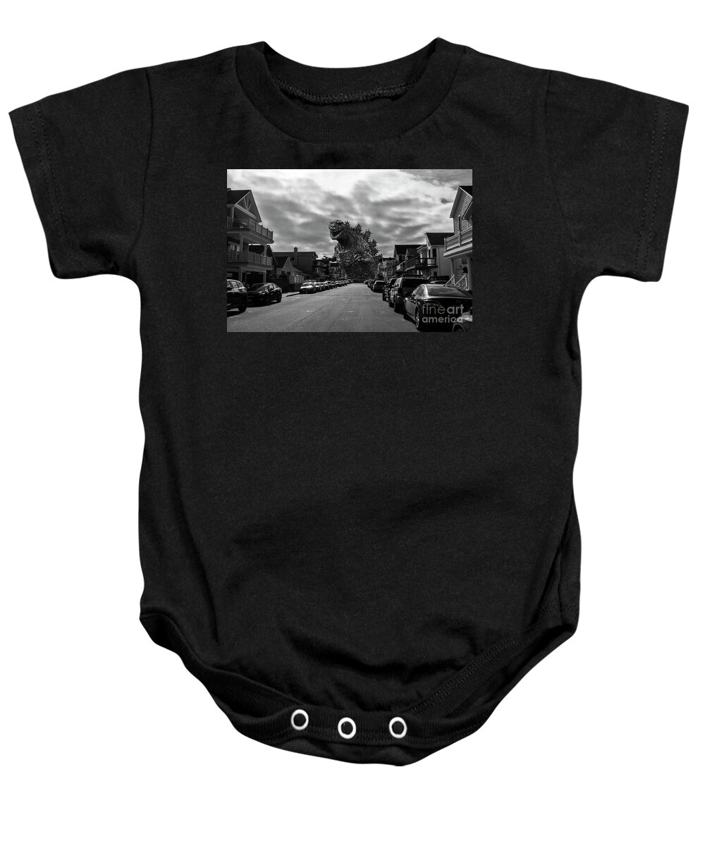 Godzilla Baby Onesie featuring the digital art There Goes The Neighborhood by Scott Evers