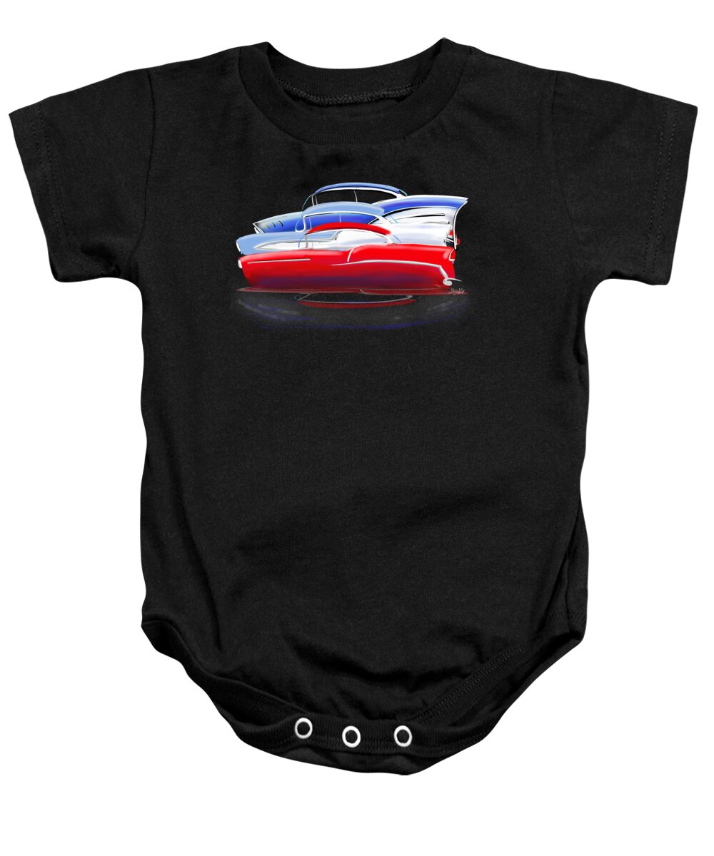  Chevy Baby Onesie featuring the digital art Tri-Five Chevrolets grouping by Doug Gist