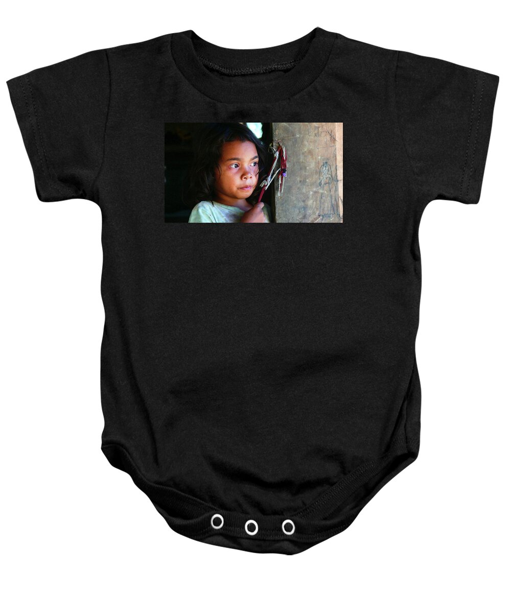 Tribal Girl Baby Onesie featuring the photograph Tribal girl at the front door by Robert Bociaga