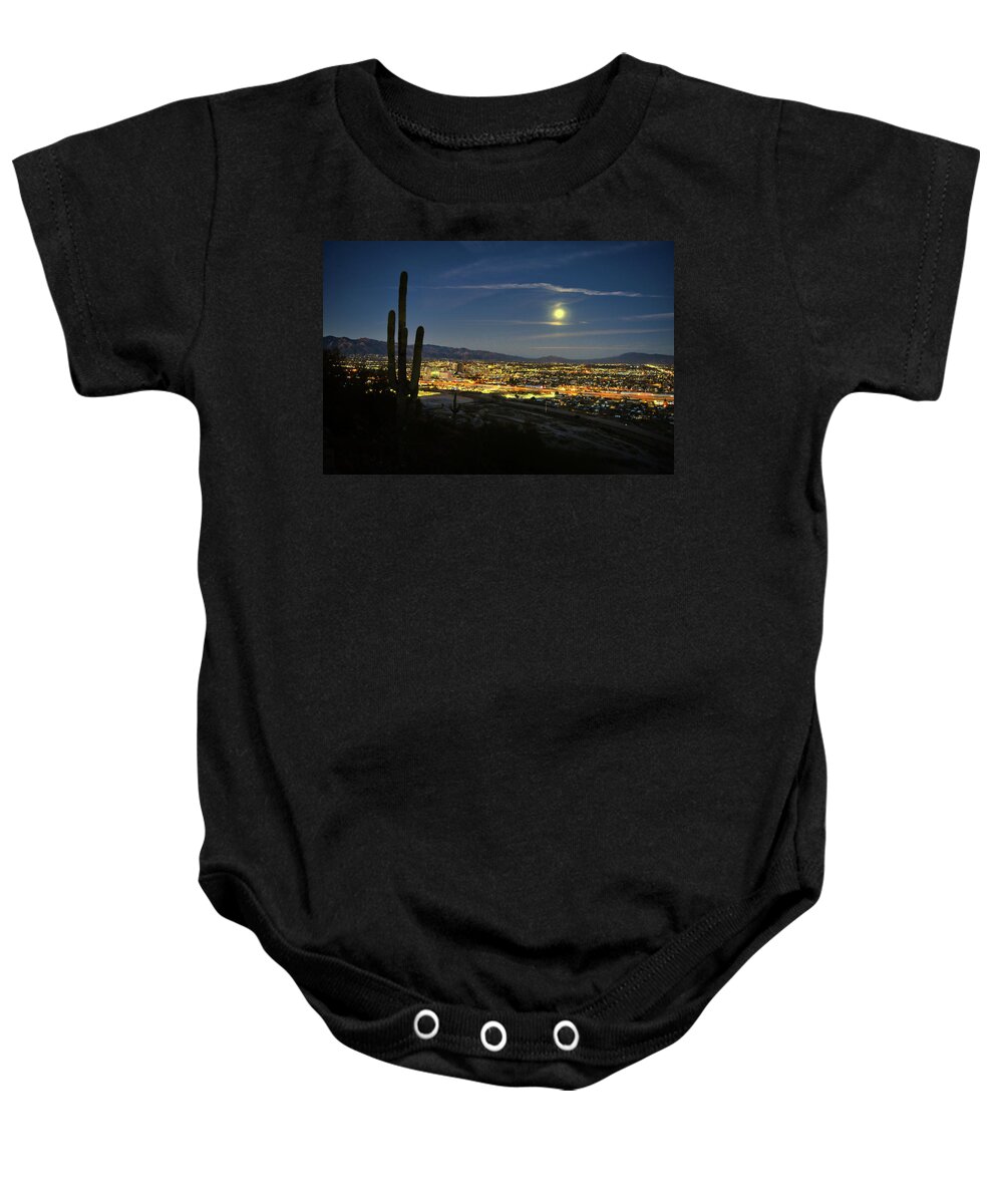Tucson Baby Onesie featuring the photograph Tucson Night Skyline and Saguaro Cactus Moonrise by Chance Kafka