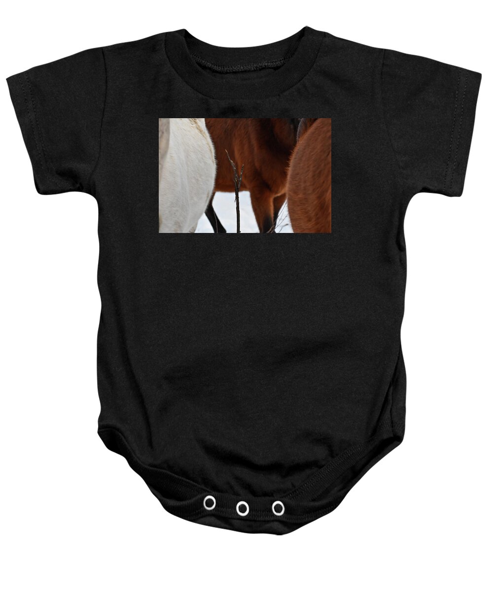 Winter Baby Onesie featuring the photograph Twig Among Steeds by Listen To Your Horse