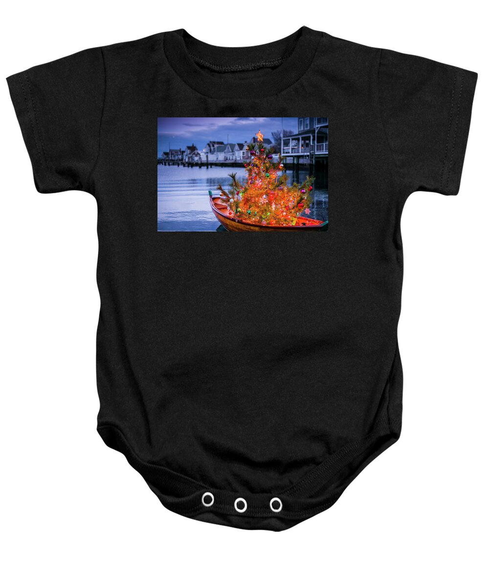 Atlantic Us Christmas Eastern Us Ma Massachusetts Nantucket Nantucket Town New England North America Rf Usa United States Boat Decoration Dory Northeast Northeastern Tree World Locations Baby Onesie featuring the photograph USA, New England, Massachusetts, Nantucket Island, Nantucket Town, small dory with Christmas tree by Panoramic Images