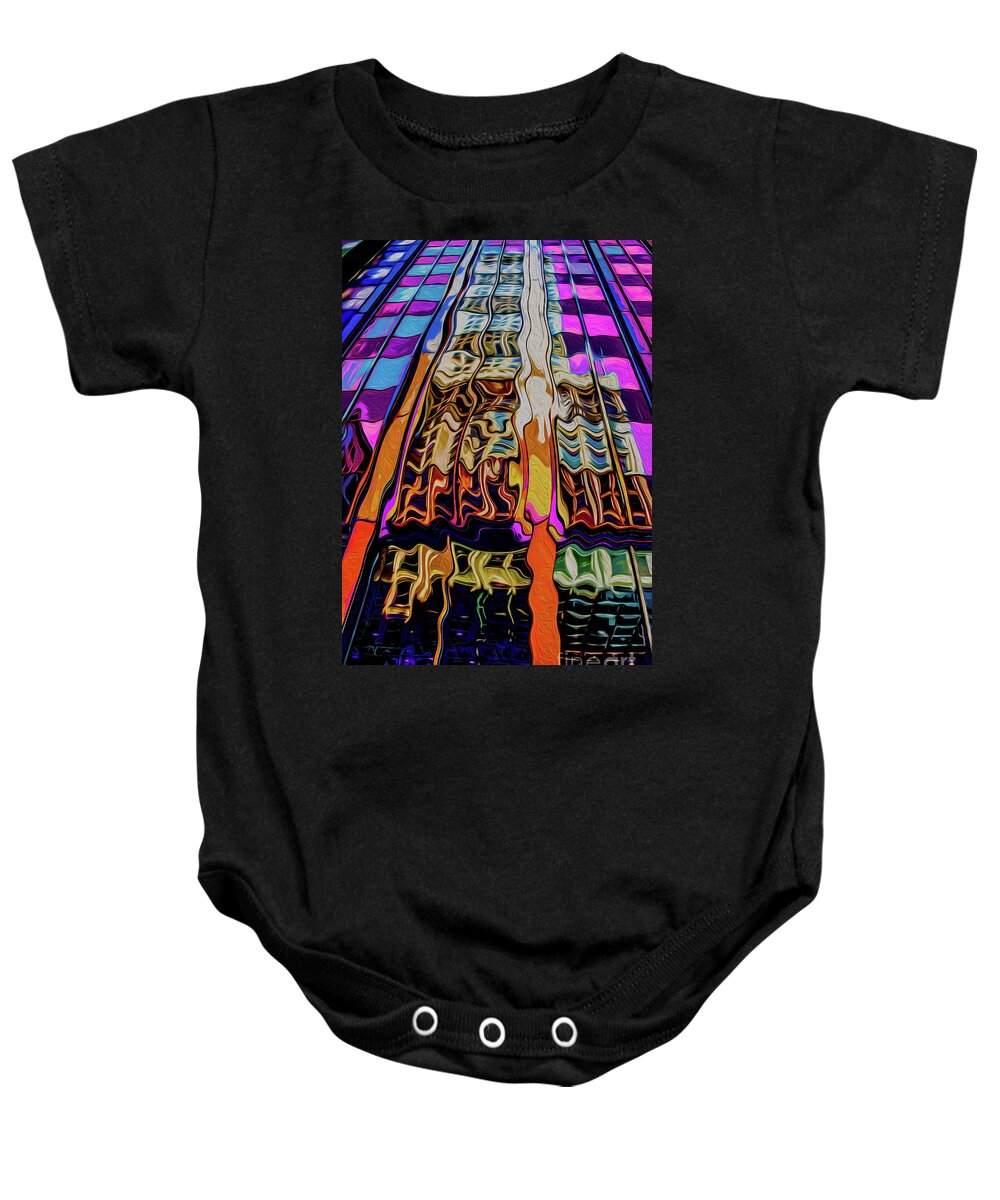 Contemporary Baby Onesie featuring the digital art Vintage 1920s ornate skyscraper reflected in modern glass and st by Susan Vineyard