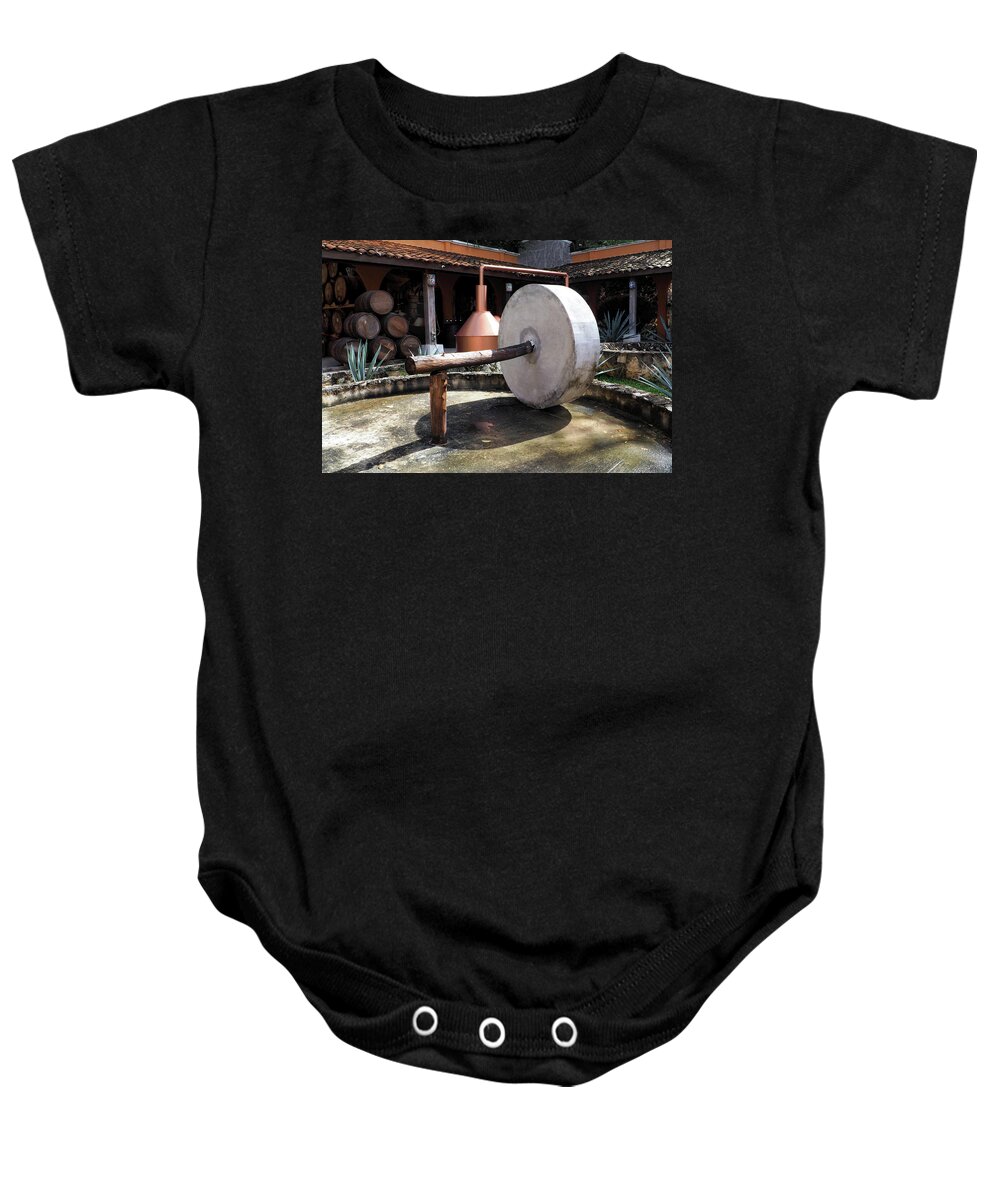 Agave Baby Onesie featuring the photograph Vintage Agave Press for Making Tequila by Bill Swartwout