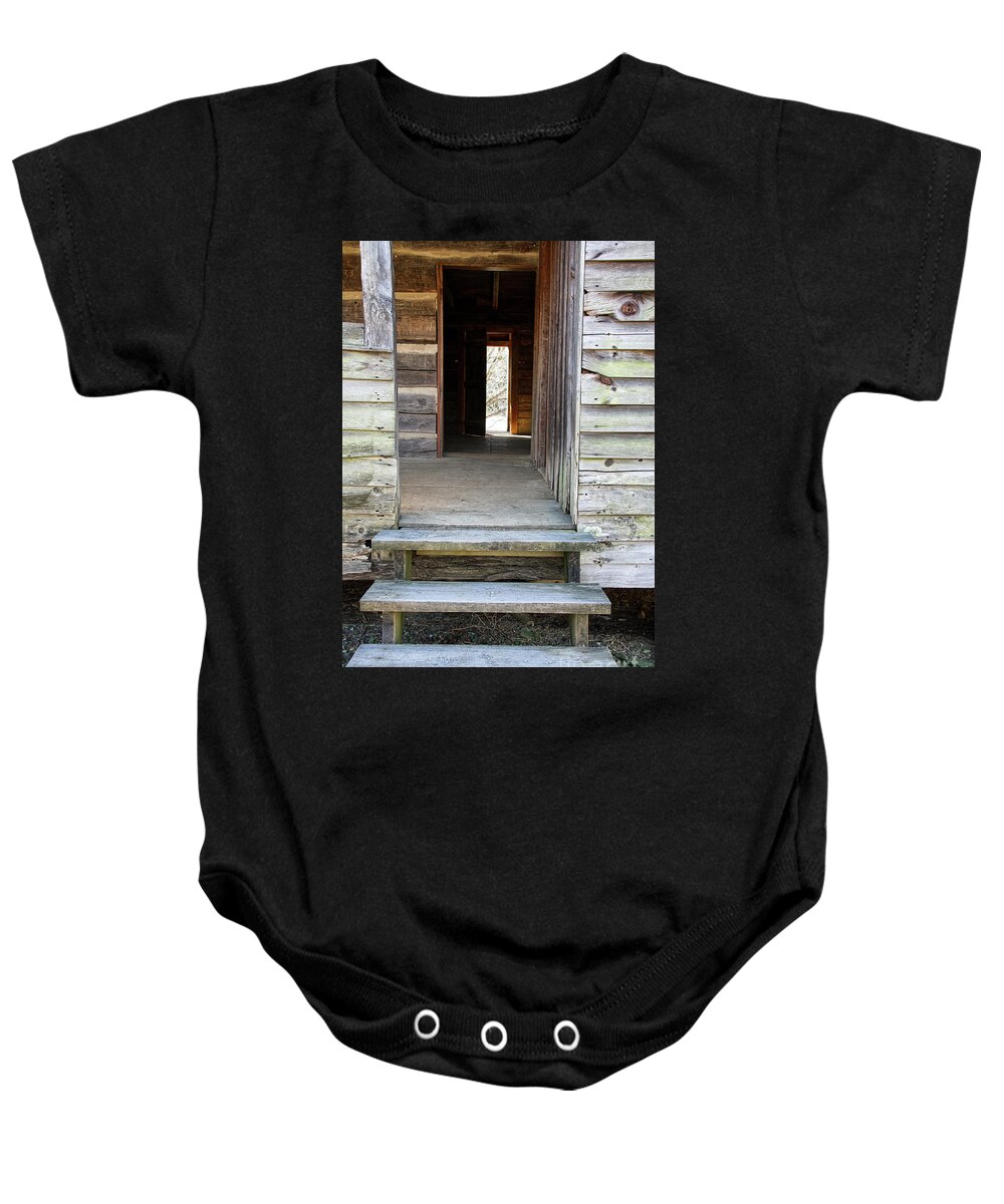 Cades Cove Baby Onesie featuring the photograph Vintage Cabin And Doors by Phil Perkins