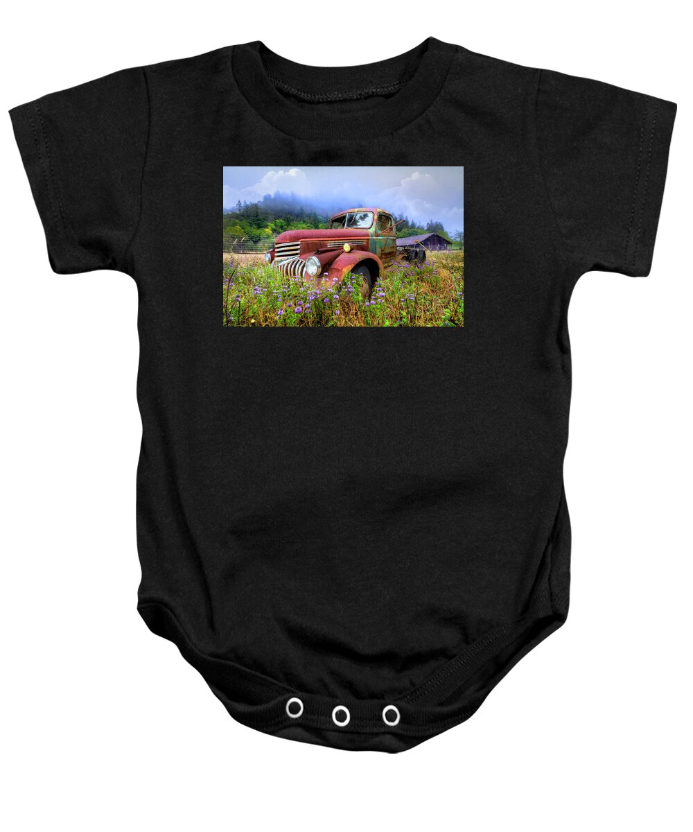 1941 Baby Onesie featuring the photograph Vintage Chevy PIckup Truck in the Mountain Wildflowers by Debra and Dave Vanderlaan
