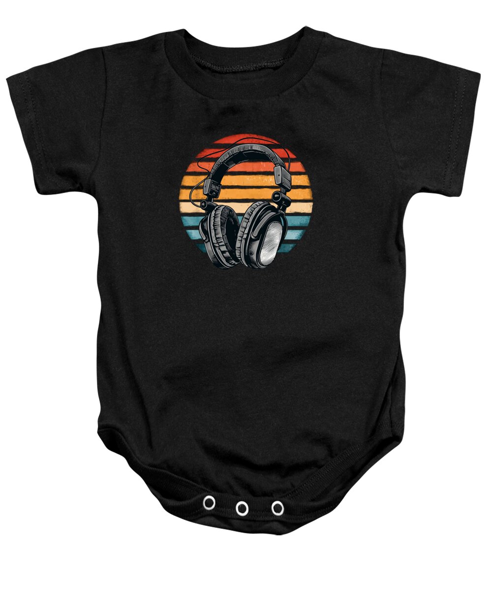 Dj Baby Onesie featuring the digital art Vintage Headphones Retro DJ Playing Music Party Club by Toms Tee Store