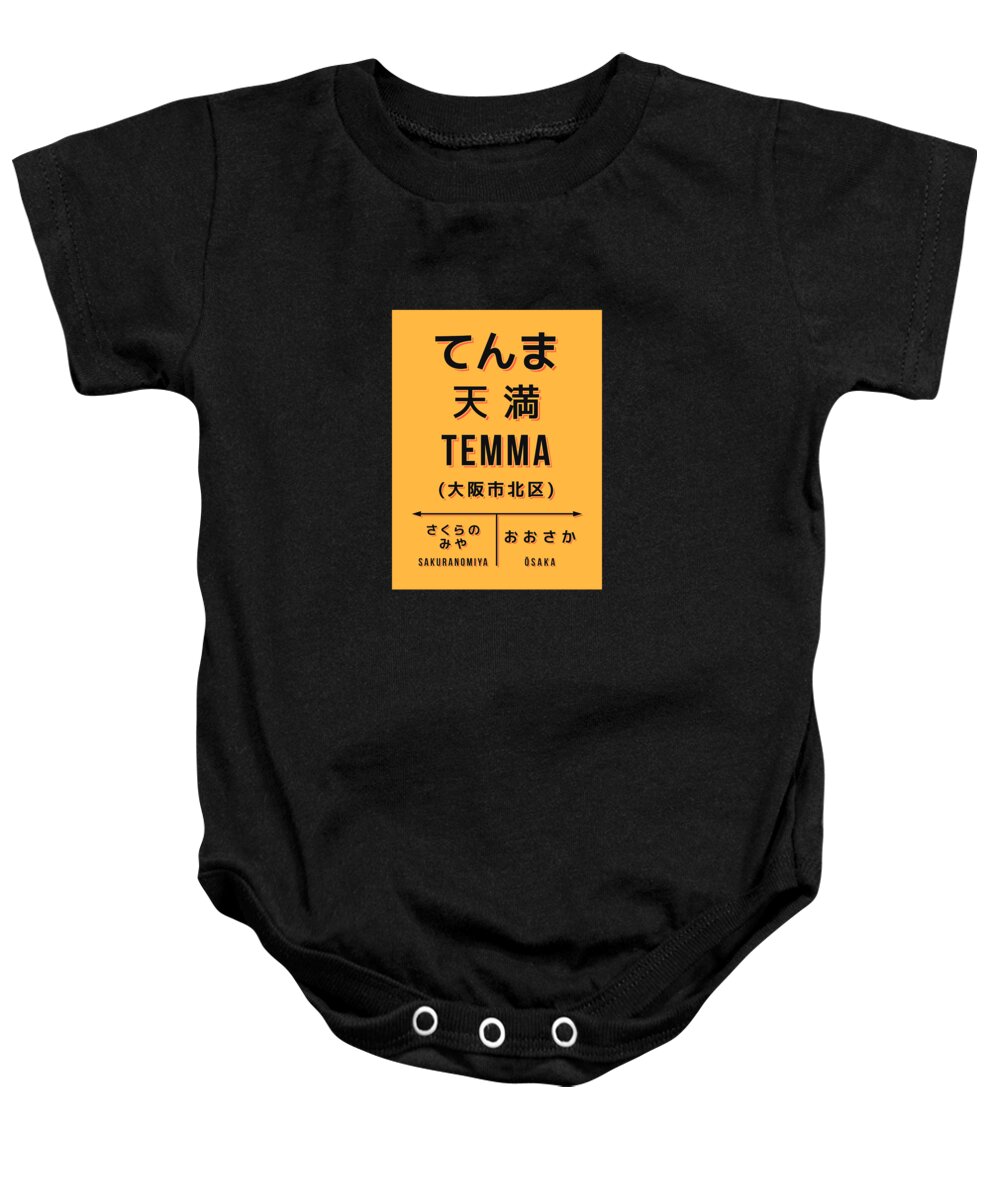 Japan Baby Onesie featuring the digital art Vintage Japan Train Station Sign - Temma Osaka Yellow by Organic Synthesis