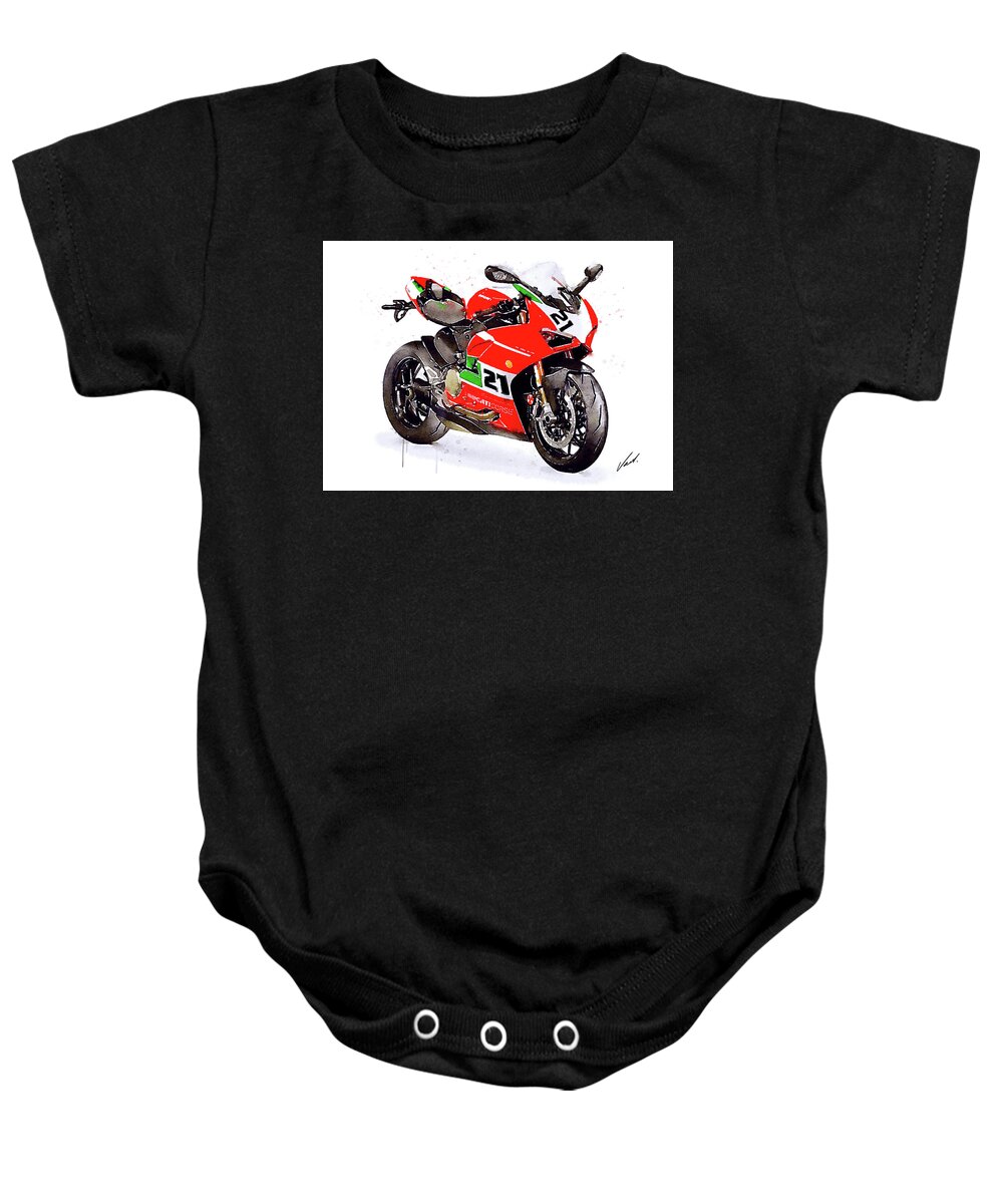 Sport Baby Onesie featuring the painting Watercolor Ducati Panigale V2 Bayliss motorcycle, oryginal artwork by Vart. by Vart Studio