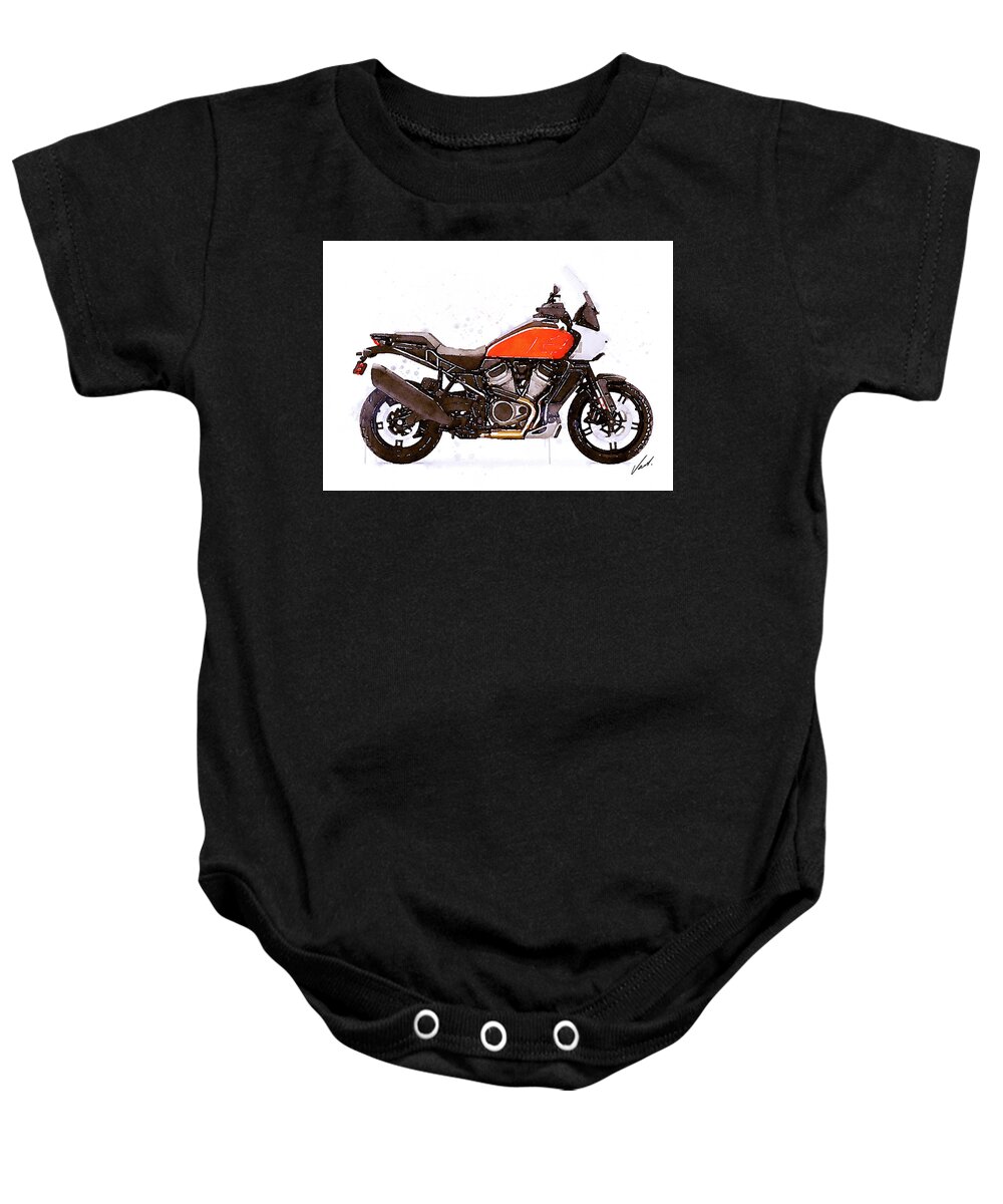 Motorcycle Baby Onesie featuring the painting Watercolor Harley-Davidson PAN AMERICA - oryginal artwork by Vart. by Vart