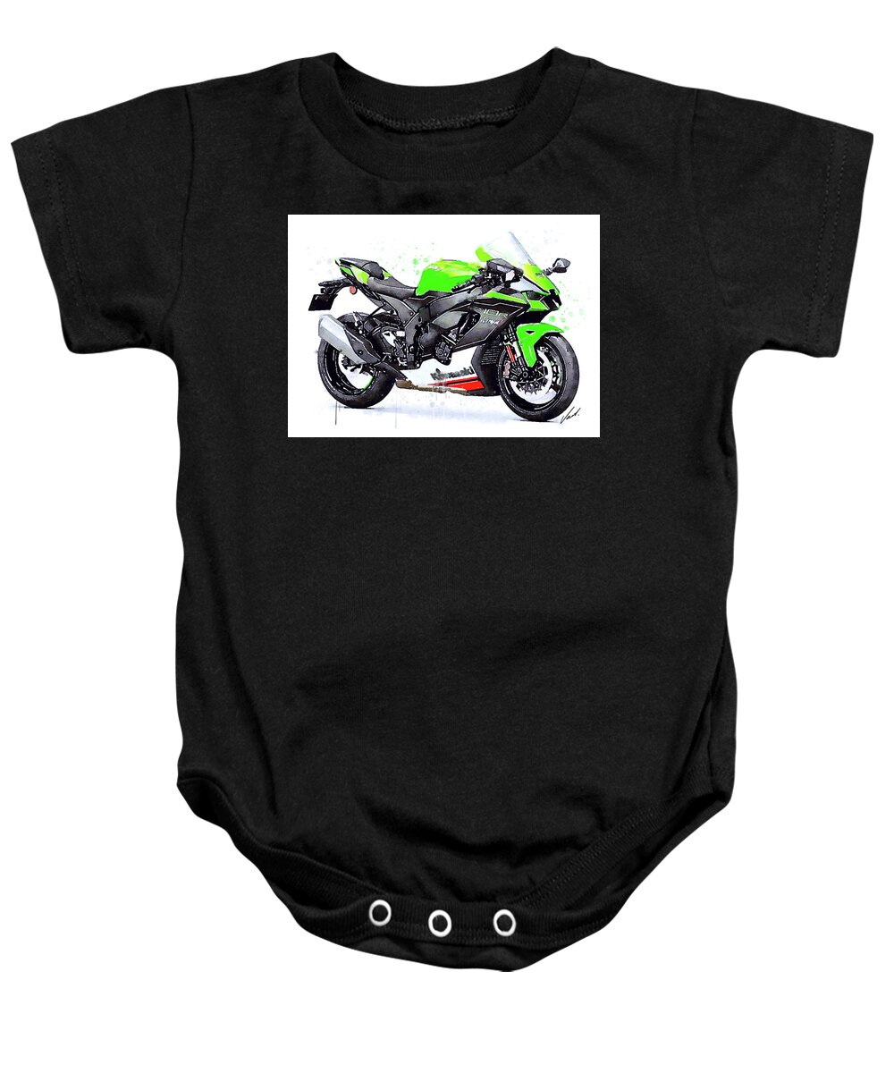 Sport Baby Onesie featuring the painting Watercolor Kawasaki Ninja ZX10R motorcycle - oryginal artwork by Va by Vart Studio