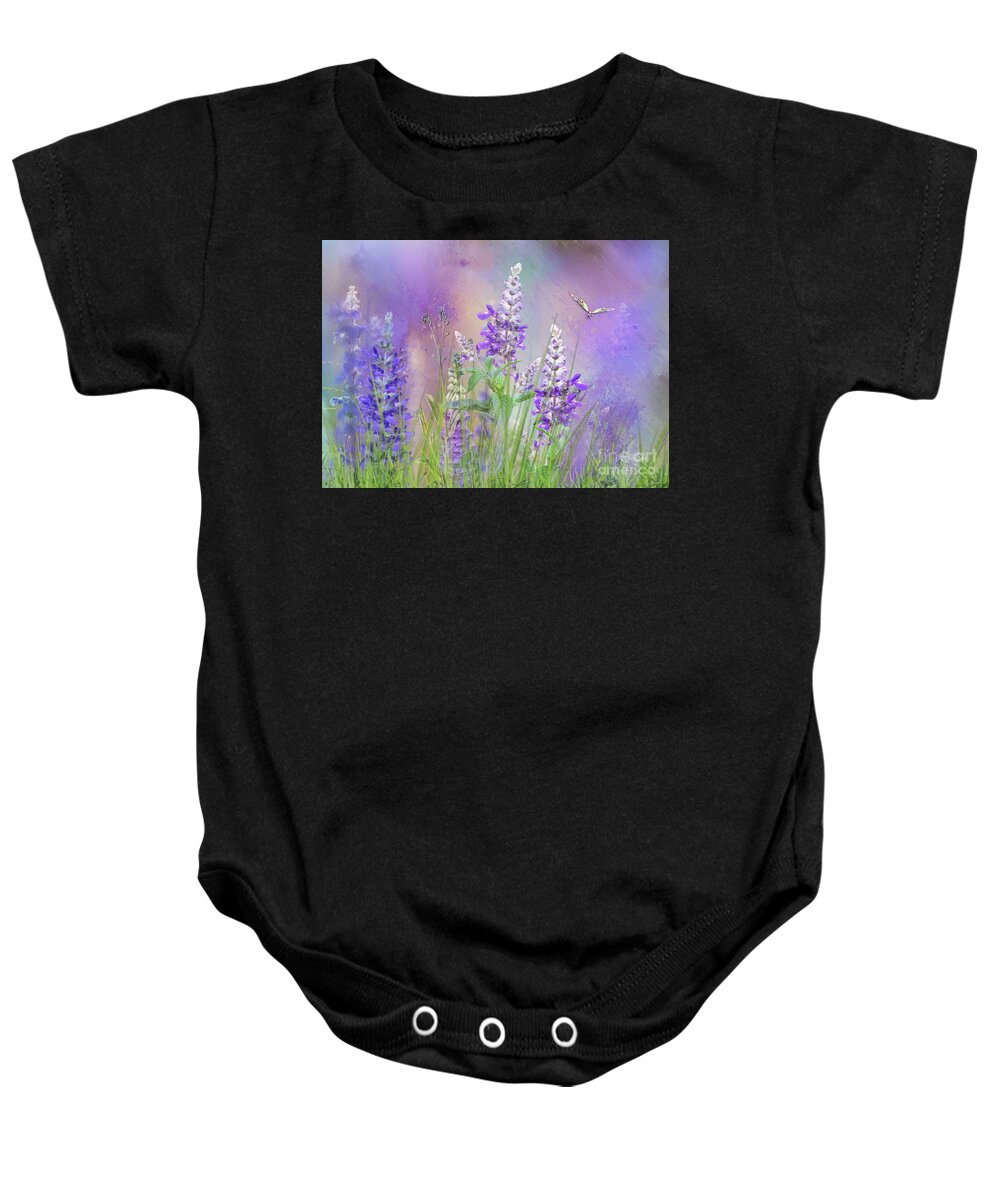 Foxgloves Baby Onesie featuring the mixed media Wild Flowers with Butterfly by Morag Bates