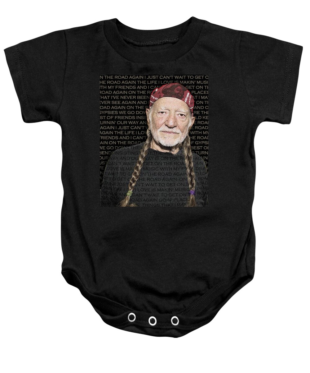 Willie Nelson Baby Onesie featuring the painting Willie Nelson And On The Road Again Lyrics by Tony Rubino