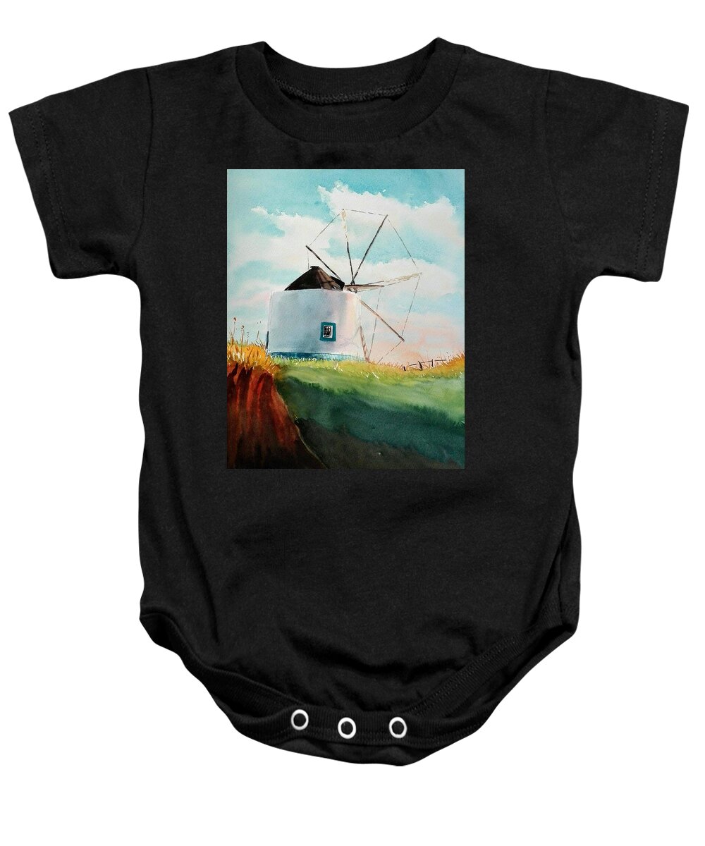 Windmill Baby Onesie featuring the painting Windmill Odeceixe by Sandie Croft