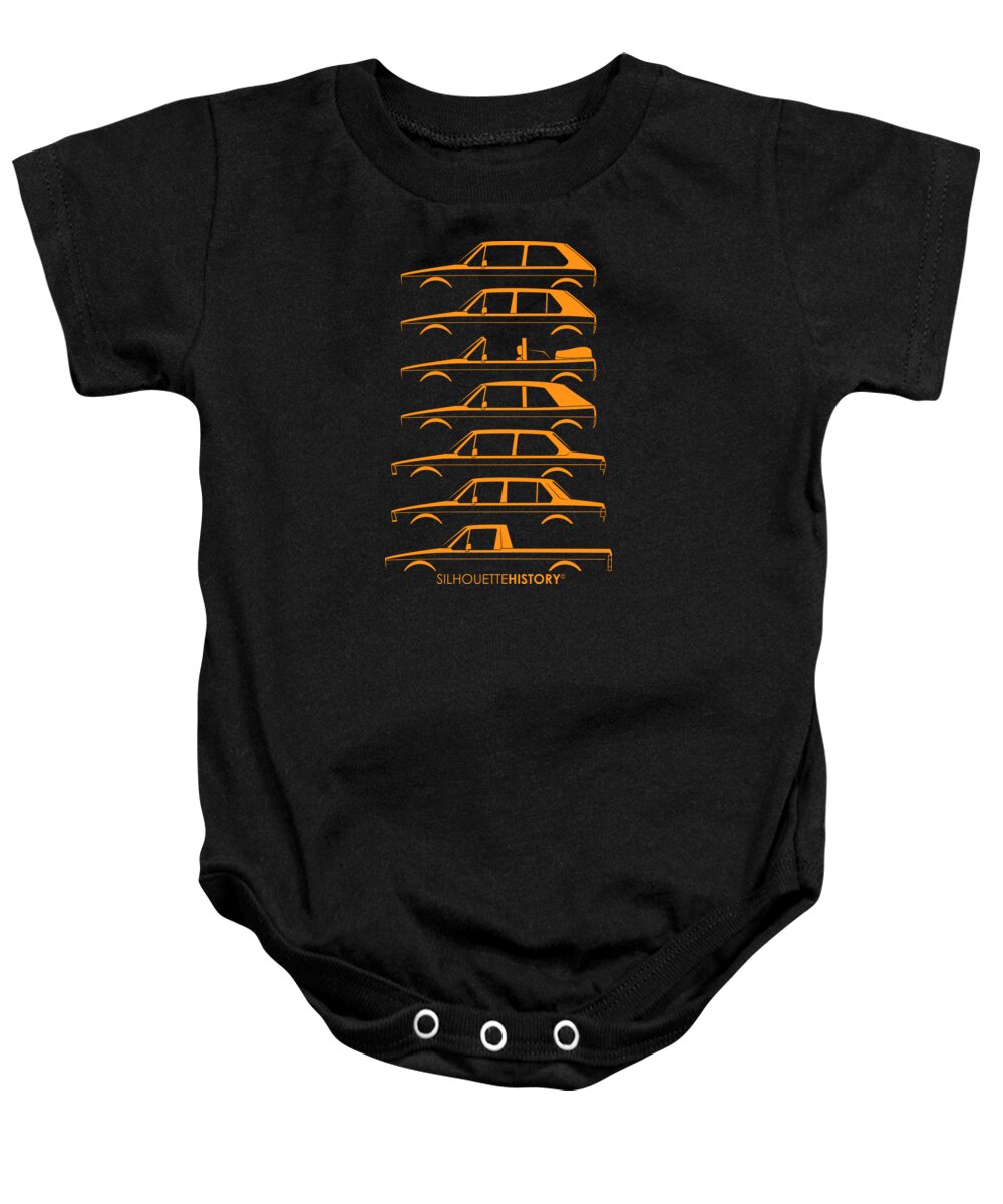 Compact Cars Baby Onesie featuring the digital art Wolfsburger Compact Mk1 SilhouetteHistory by Gabor Vida