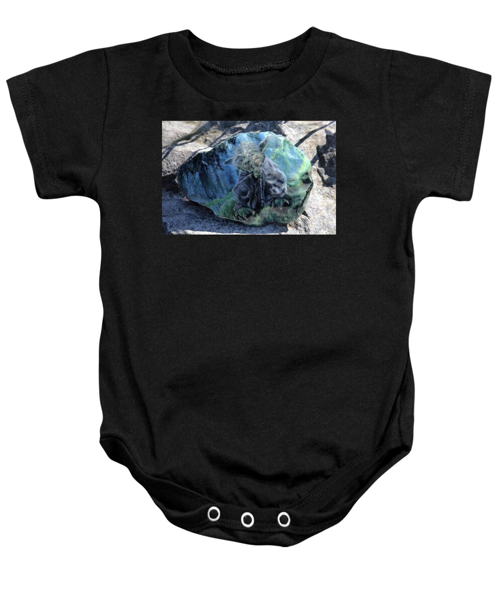 Art Baby Onesie featuring the painting Yoda on a Rock by Tammy Pool