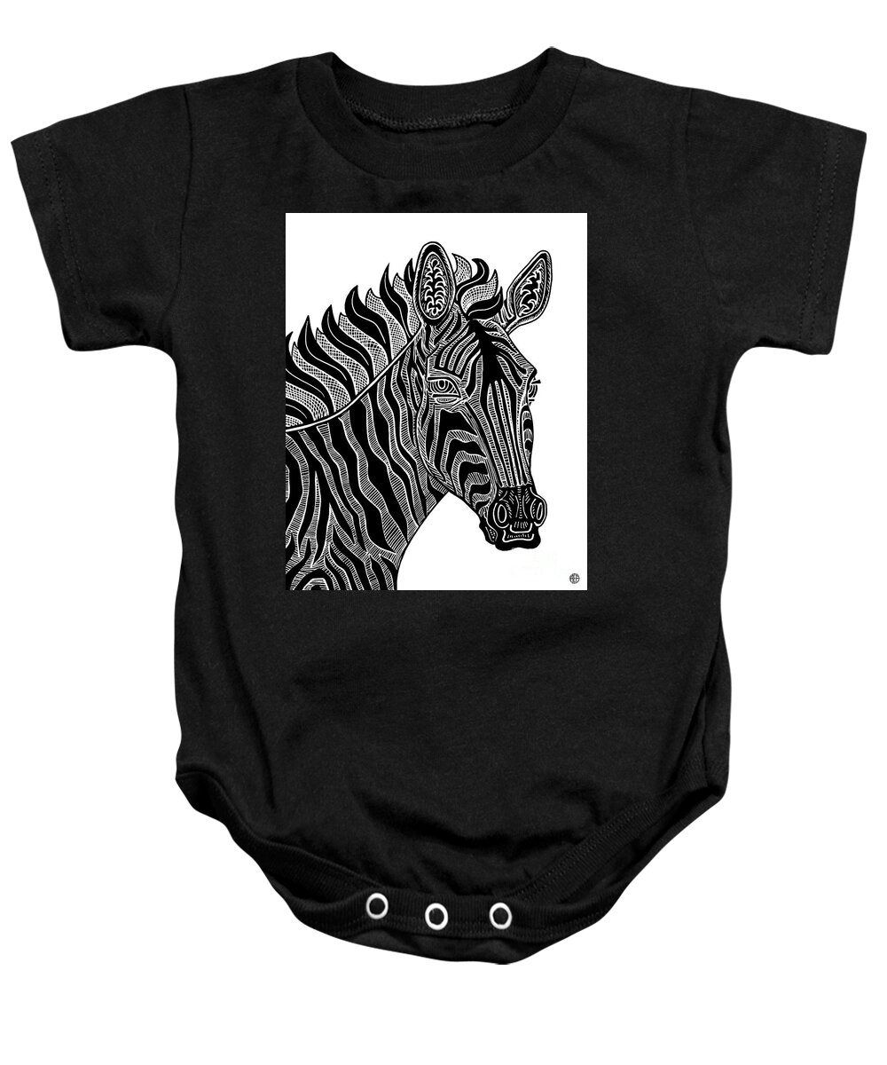 Zebra Baby Onesie featuring the drawing Zebra. Wild Animal Ink 15 by Amy E Fraser